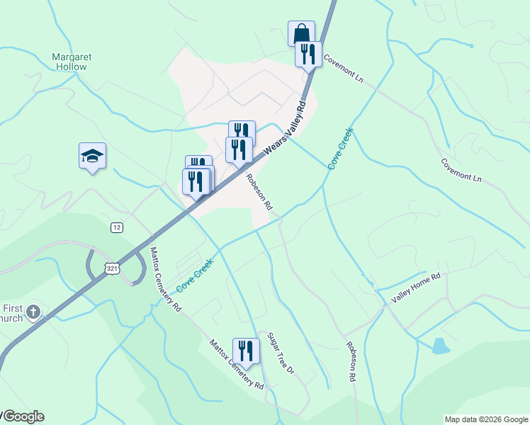 map of restaurants, bars, coffee shops, grocery stores, and more near 3244 Robeson Road in Sevierville