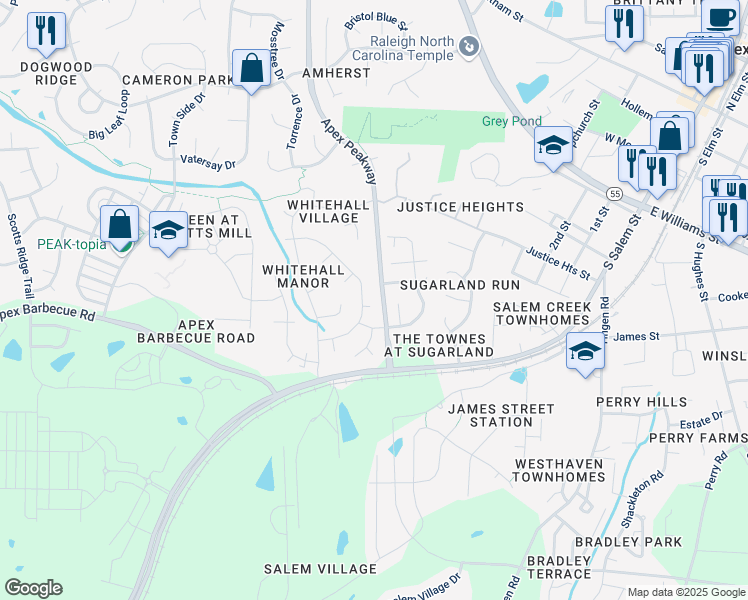 map of restaurants, bars, coffee shops, grocery stores, and more near 1003 Proper Court in Apex