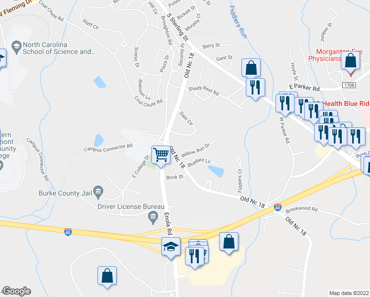 map of restaurants, bars, coffee shops, grocery stores, and more near 405 Old North Carolina 18 in Morganton