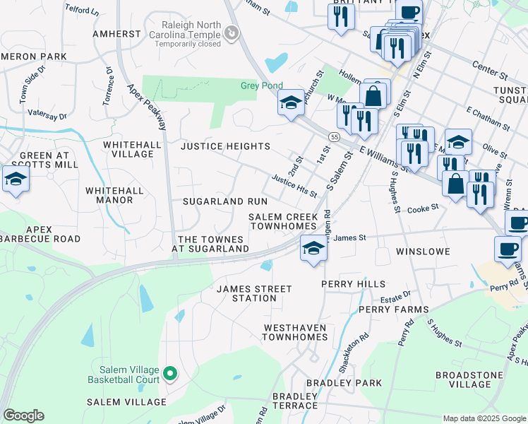 map of restaurants, bars, coffee shops, grocery stores, and more near 1466 Salem Creek Drive in Apex