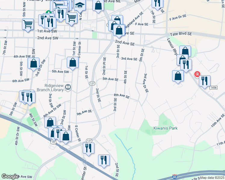 map of restaurants, bars, coffee shops, grocery stores, and more near 640 3rd Street Southeast in Hickory