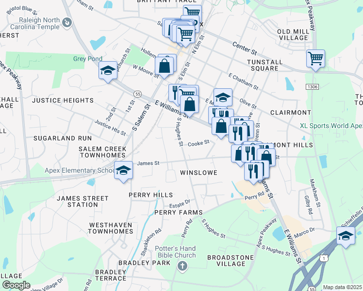 map of restaurants, bars, coffee shops, grocery stores, and more near 602 South Hughes Street in Apex