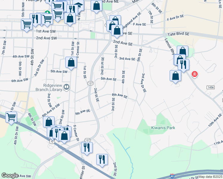 map of restaurants, bars, coffee shops, grocery stores, and more near 640 3rd Street Southeast in Hickory