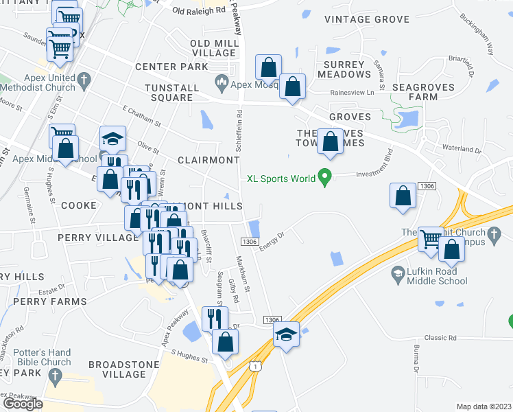 map of restaurants, bars, coffee shops, grocery stores, and more near 1210 James Street in Apex