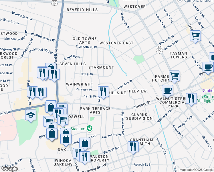 map of restaurants, bars, coffee shops, grocery stores, and more near 903 Anthony Street West in Wilson