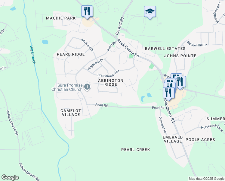 map of restaurants, bars, coffee shops, grocery stores, and more near 5845 Wynmore Road in Raleigh