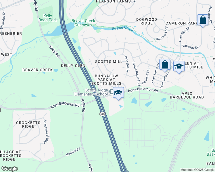 map of restaurants, bars, coffee shops, grocery stores, and more near 1104 Bungalow Park Drive in Apex