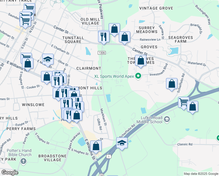 map of restaurants, bars, coffee shops, grocery stores, and more near 1212 James Street in Apex