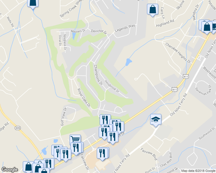 map of restaurants, bars, coffee shops, grocery stores, and more near 2943 Innisbrook Drive in Maryville