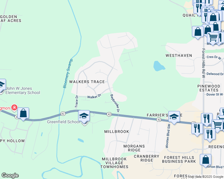 map of restaurants, bars, coffee shops, grocery stores, and more near 3410 Baybrooke Drive in Wilson