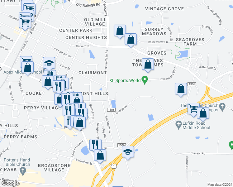 map of restaurants, bars, coffee shops, grocery stores, and more near 1216 James Street in Apex