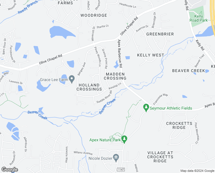 map of restaurants, bars, coffee shops, grocery stores, and more near 301 Kinship Lane in Apex
