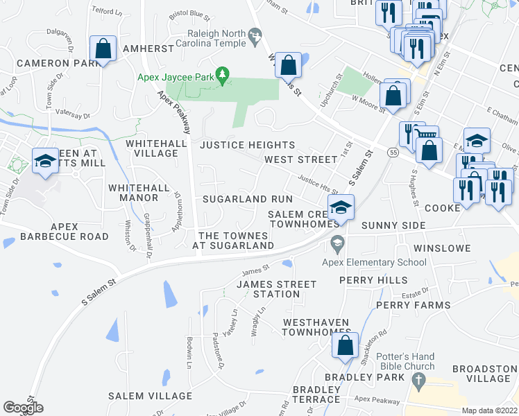 map of restaurants, bars, coffee shops, grocery stores, and more near 201 Milky Way Drive in Apex