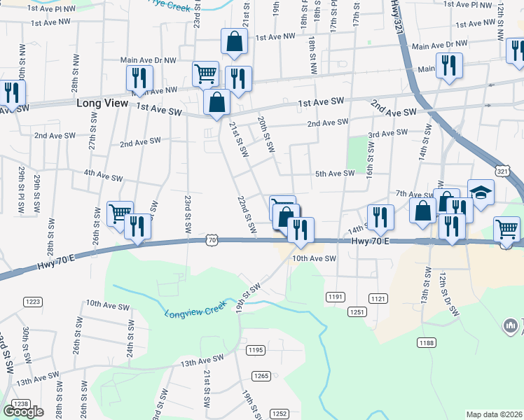 map of restaurants, bars, coffee shops, grocery stores, and more near 728 21st Street Southwest in Hickory
