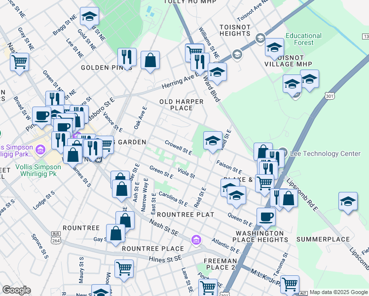 map of restaurants, bars, coffee shops, grocery stores, and more near 713 Crowell Street East in Wilson