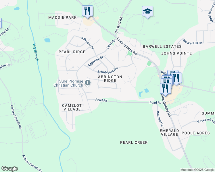 map of restaurants, bars, coffee shops, grocery stores, and more near 5845 Wynmore Road in Raleigh