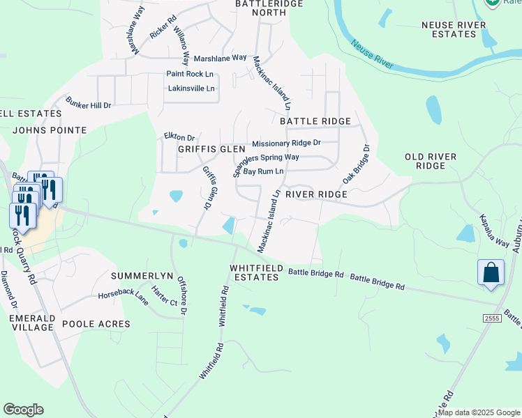 map of restaurants, bars, coffee shops, grocery stores, and more near 4041 Alder Grove Lane in Raleigh