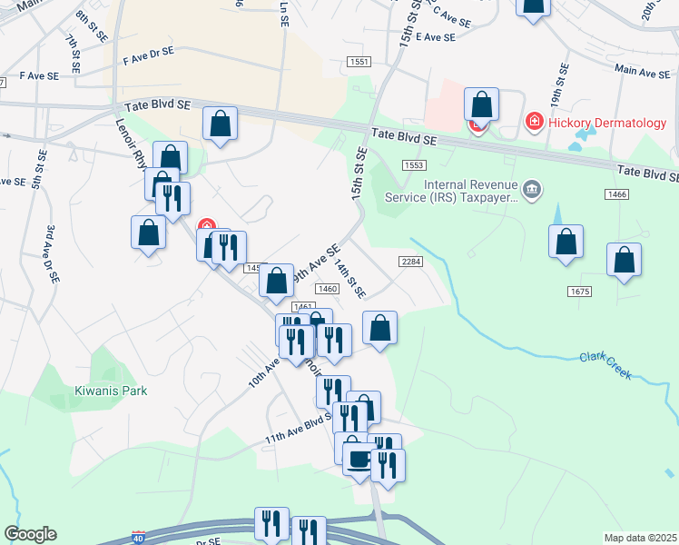 map of restaurants, bars, coffee shops, grocery stores, and more near 926 14th Street Southeast in Hickory