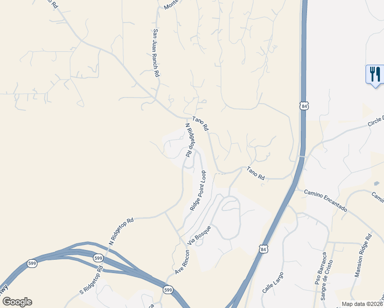 map of restaurants, bars, coffee shops, grocery stores, and more near 605 Ridge Pointe Lane in Santa Fe