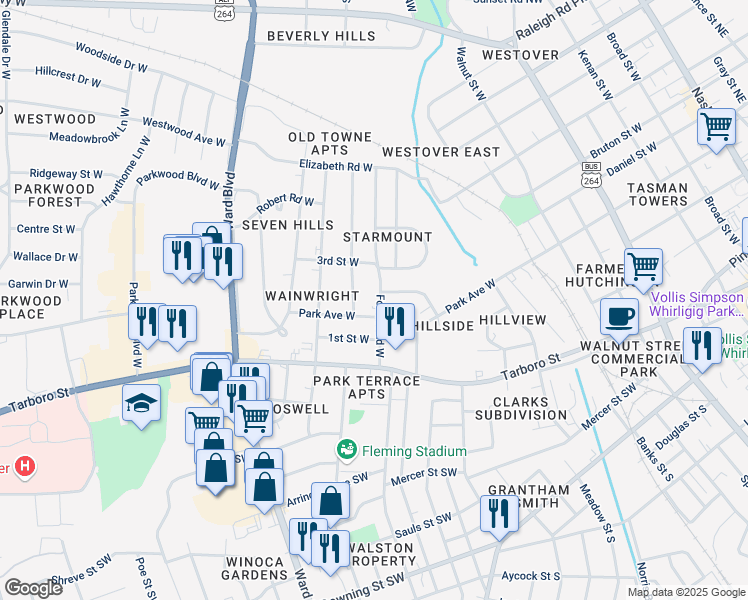 map of restaurants, bars, coffee shops, grocery stores, and more near 305 Forrest Road West in Wilson