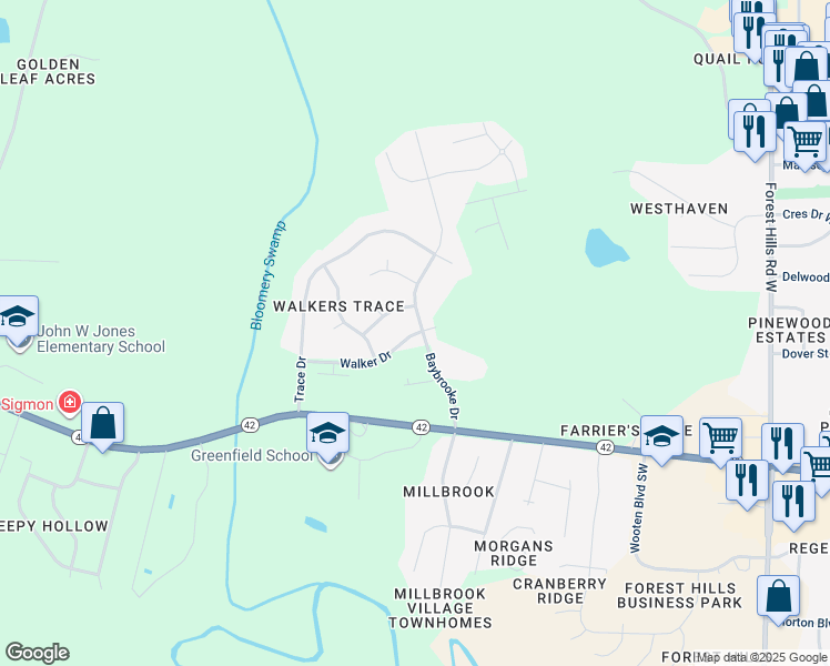 map of restaurants, bars, coffee shops, grocery stores, and more near 3410 Baybrooke Drive in Wilson