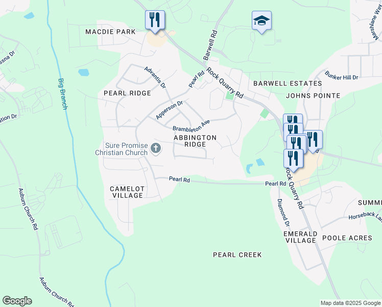 map of restaurants, bars, coffee shops, grocery stores, and more near 5845 Wynmore Road in Raleigh