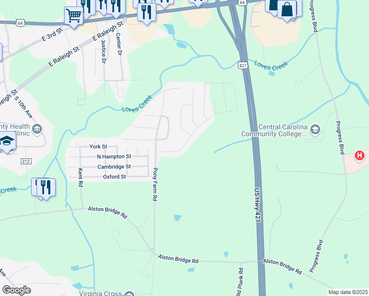map of restaurants, bars, coffee shops, grocery stores, and more near 1318 Fairfax Street in Siler City