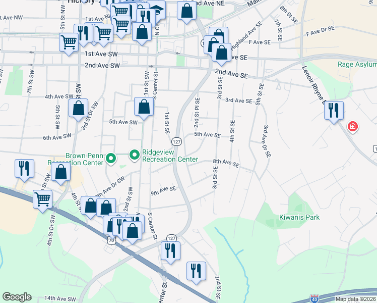 map of restaurants, bars, coffee shops, grocery stores, and more near 640 2nd Street Southeast in Hickory