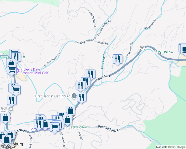 map of restaurants, bars, coffee shops, grocery stores, and more near 118 Village Drive in Gatlinburg
