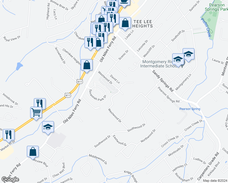 map of restaurants, bars, coffee shops, grocery stores, and more near 439 Savannah Village Drive in Maryville
