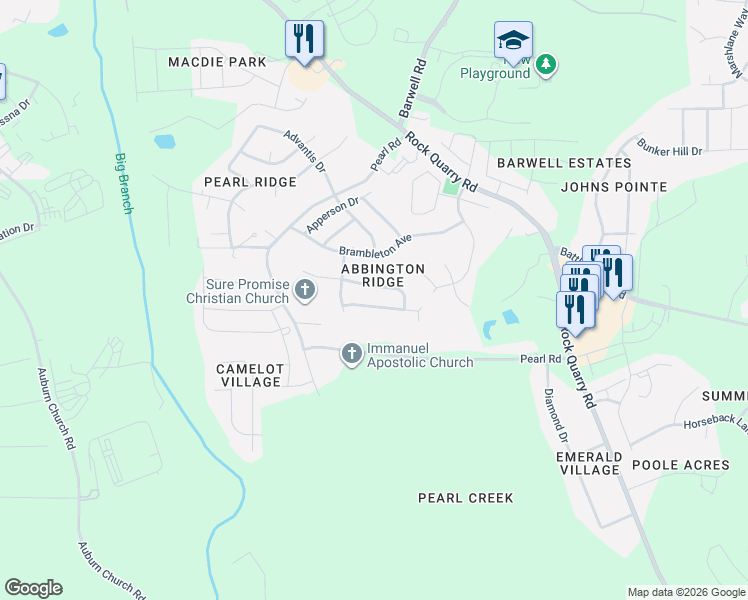 map of restaurants, bars, coffee shops, grocery stores, and more near 5845 Wynmore Road in Raleigh
