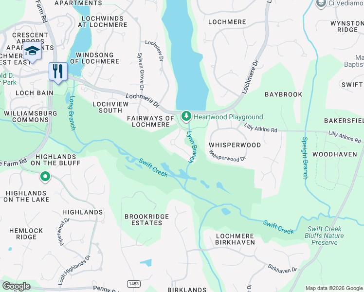 map of restaurants, bars, coffee shops, grocery stores, and more near 203 Greensview Drive in Cary