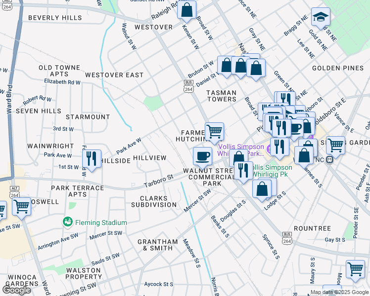 map of restaurants, bars, coffee shops, grocery stores, and more near 201 Walnut Street West in Wilson