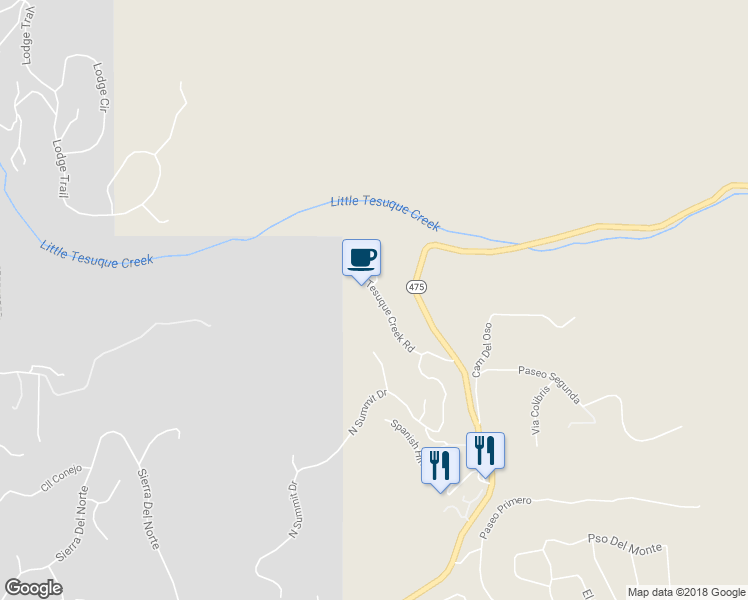 map of restaurants, bars, coffee shops, grocery stores, and more near 1416 Tesuque Creek Road in Santa Fe