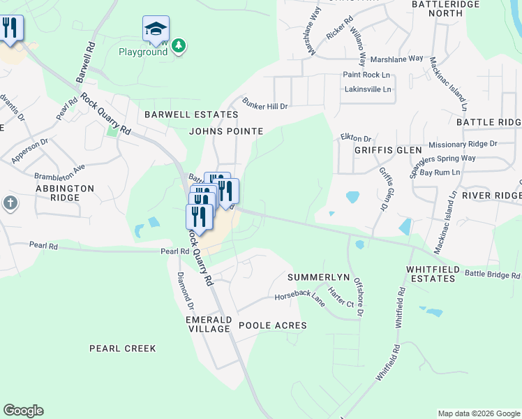map of restaurants, bars, coffee shops, grocery stores, and more near 6521 Battle Bridge Road in Raleigh
