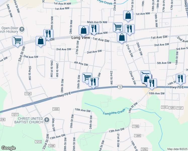 map of restaurants, bars, coffee shops, grocery stores, and more near 523 25th Street Southwest in Hickory