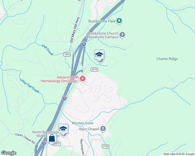 map of restaurants, bars, coffee shops, grocery stores, and more near 36 Doan Road in Weaverville