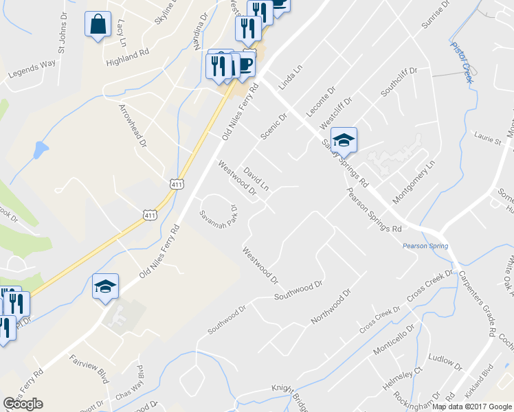 map of restaurants, bars, coffee shops, grocery stores, and more near 441 Savannah Village Drive in Maryville