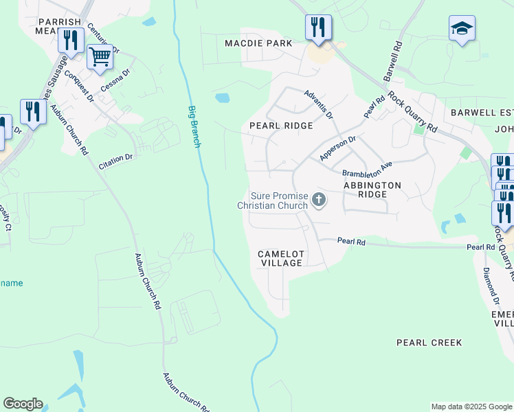 map of restaurants, bars, coffee shops, grocery stores, and more near 4308 Pearl Road in Raleigh