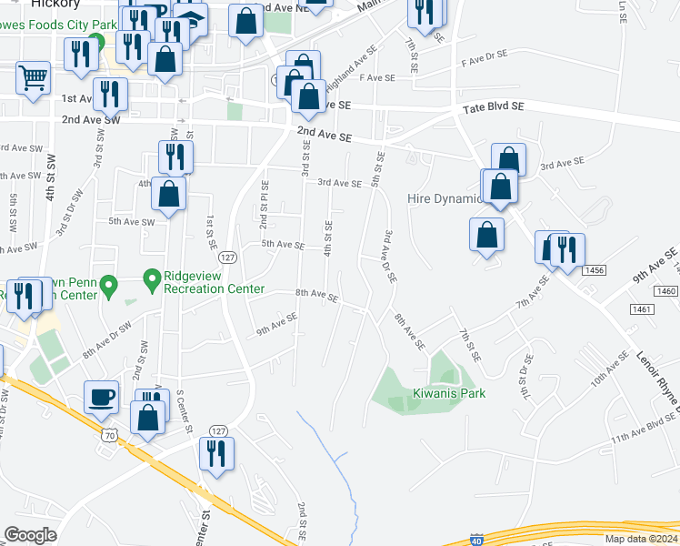 map of restaurants, bars, coffee shops, grocery stores, and more near 569 4th Street Place Southeast in Hickory