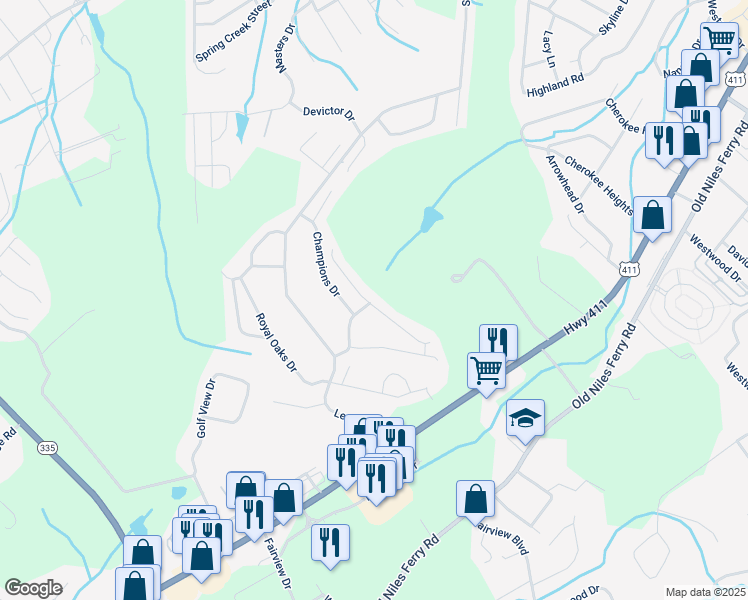 map of restaurants, bars, coffee shops, grocery stores, and more near 2938 Innisbrook Drive in Maryville