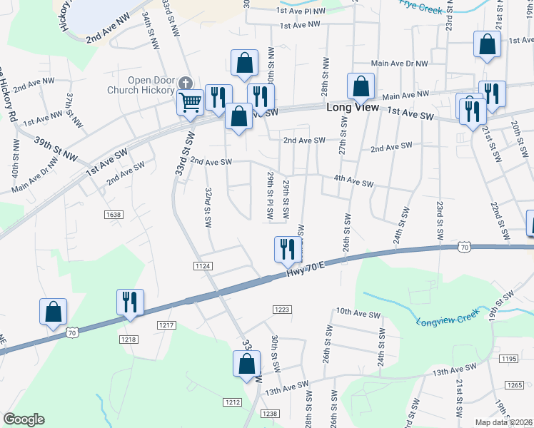 map of restaurants, bars, coffee shops, grocery stores, and more near 540 29th Street Place Southwest in Hickory