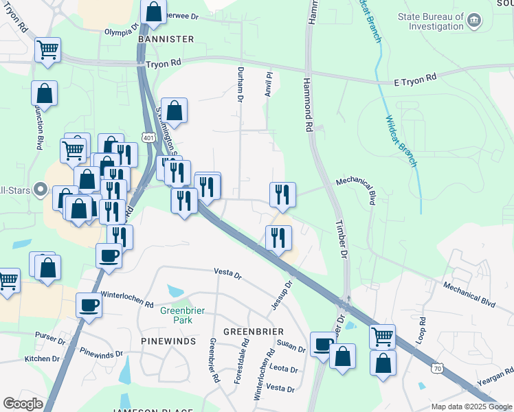 map of restaurants, bars, coffee shops, grocery stores, and more near 101 Valrose Court in Garner