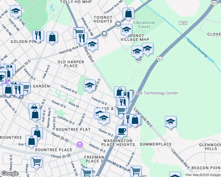 map of restaurants, bars, coffee shops, grocery stores, and more near 4786-4798 Ward Boulevard in Wilson