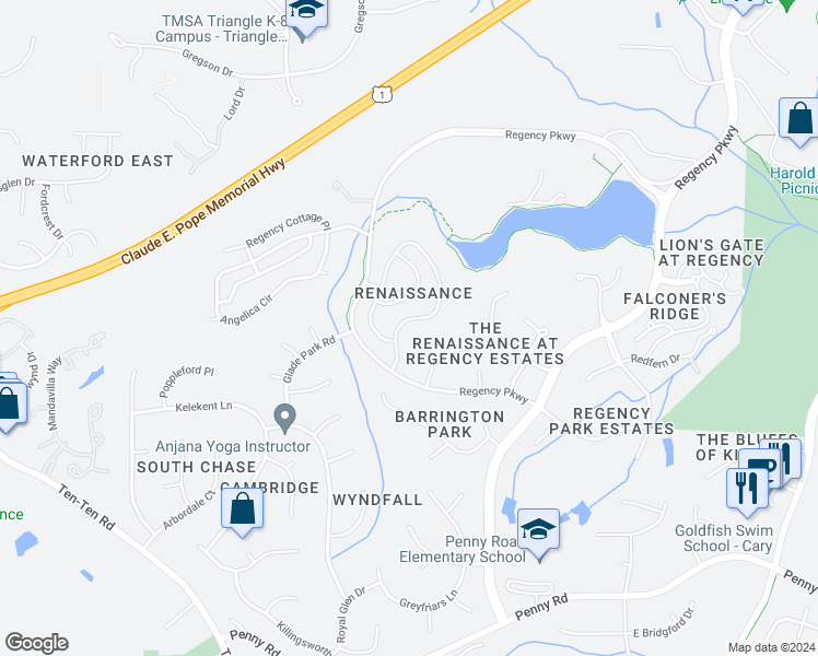 map of restaurants, bars, coffee shops, grocery stores, and more near 204 Michelangelo Way in Cary