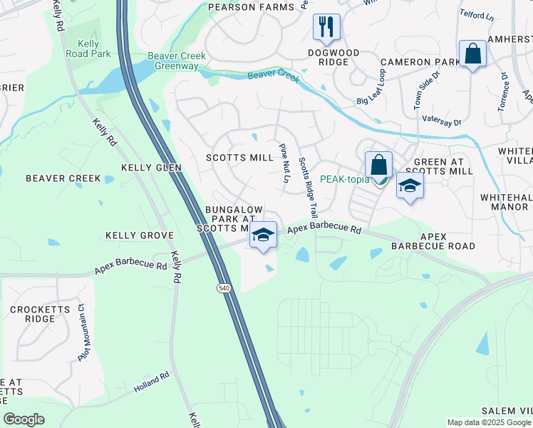 map of restaurants, bars, coffee shops, grocery stores, and more near 1200 Scotts Ridge Trail in Apex