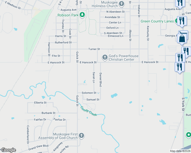 map of restaurants, bars, coffee shops, grocery stores, and more near 2402 Sarah Lane in Muskogee