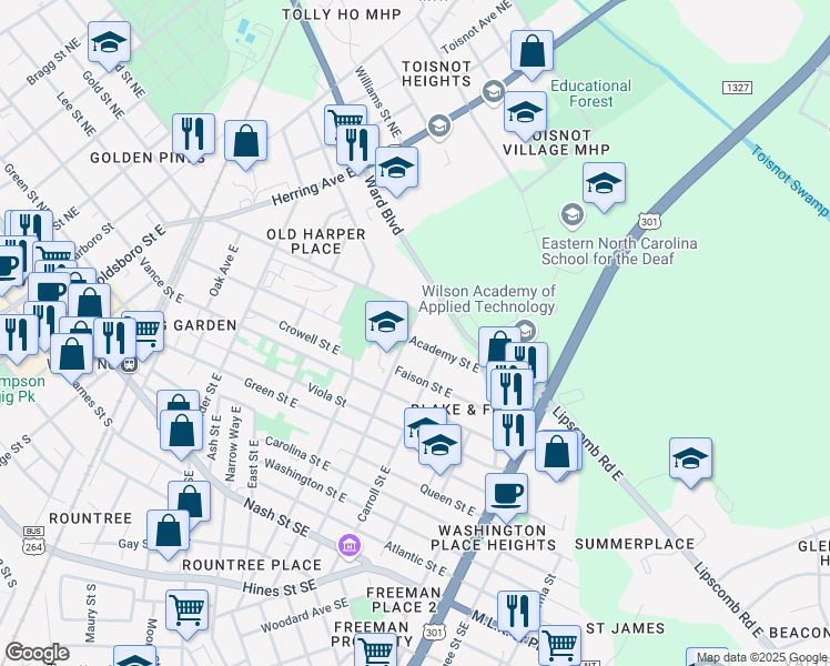 map of restaurants, bars, coffee shops, grocery stores, and more near 1000 Reid Street East in Wilson