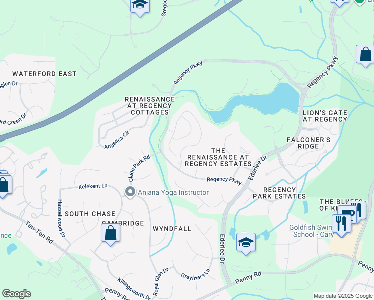 map of restaurants, bars, coffee shops, grocery stores, and more near 204 Michelangelo Way in Cary