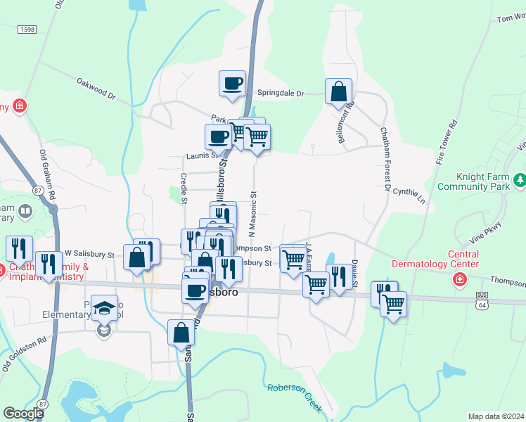 map of restaurants, bars, coffee shops, grocery stores, and more near 23 Lee Street in Pittsboro